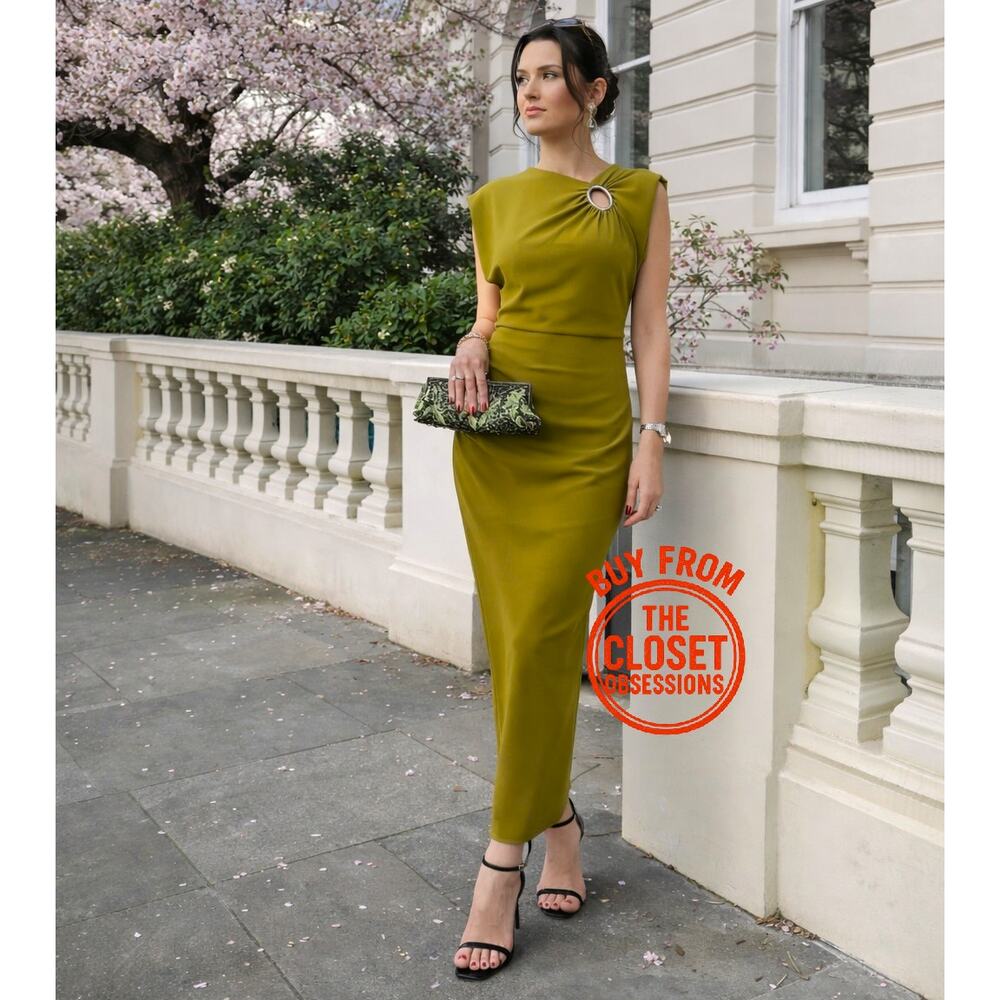 Zara NWT Olive Green Ruched Gold Hardware Midi Dress L - Picture 11 of 16